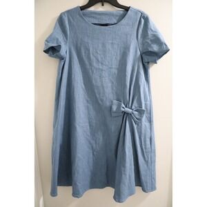 Le Muse Blue Linen Blend Short Sleeve Dress with Bow Accent Size S